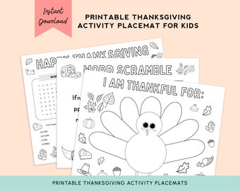 May include: Printable Thanksgiving activity placemats for kids. The placemats feature a word search, a word scramble, and a turkey to color. The placemats are black and white.