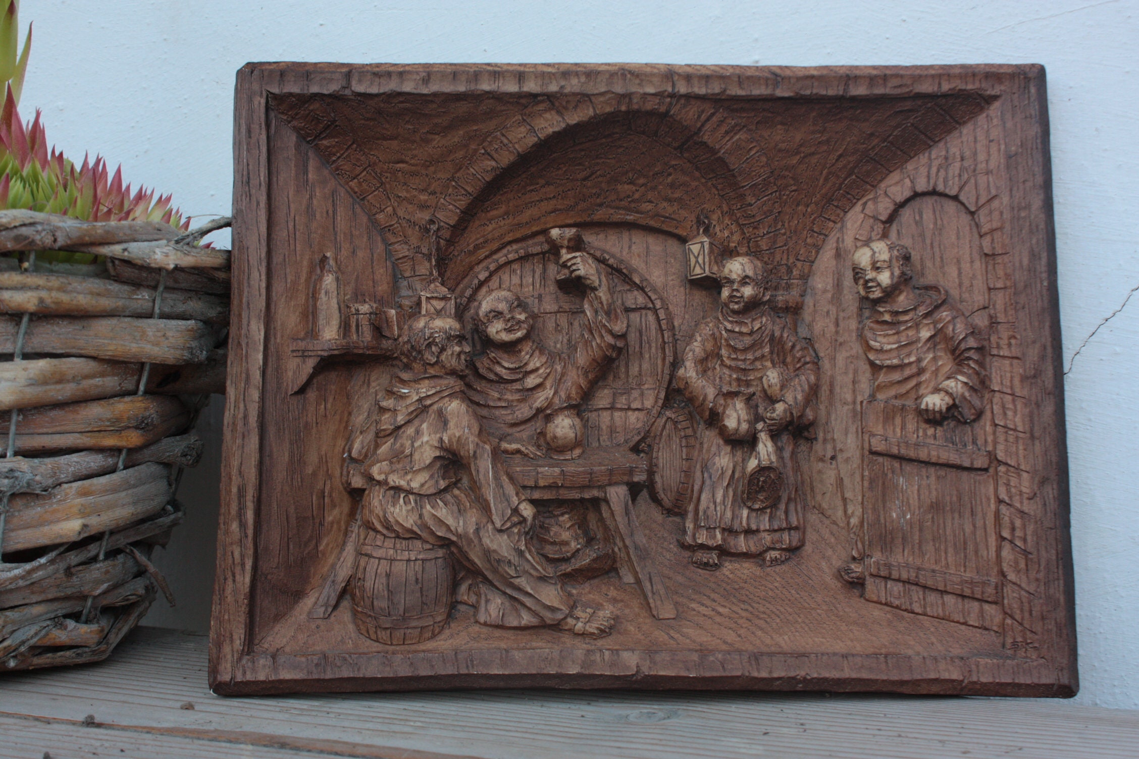 Wood relief relief wood picture mural monks old vintage carving carving picture