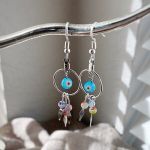Long Colorful Boho Earrings with Millefiori Glass in a Dreamcatcher Style, Silver or Stainless Steel, Western Gift or Gift Ideas for Women