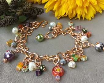 Colorful Glass Charm Bracelet with Handmade Copper Chain and Millefiori Beads, Murano Style Jewelry for Women