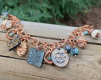 Copper Charm Bracelet with Skipping Stones, Handmade Personalized Jewelry for Women
