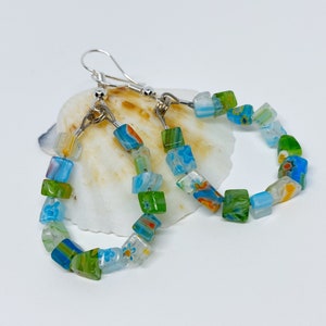 Green and Blue Teardrop Earrings with Millefiori Glass and Silver Gold or Steel Finish, Ocean Theme Jewelry, Nautical Gifts for Her