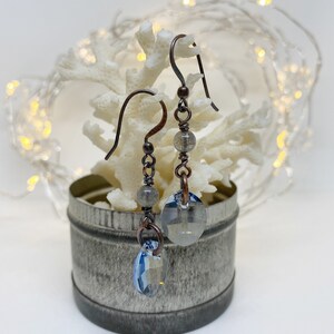 Handmade Labradorite Earrings: Copper Leaf Dangle with Swarovski Crystal