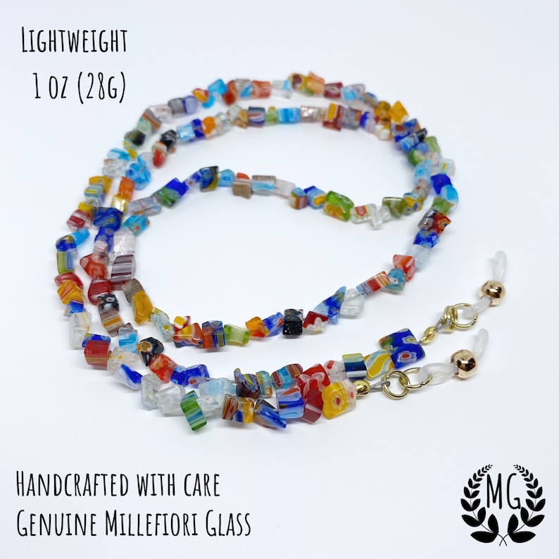 The beaded strand weighs about 1 ounce and is handcrafted with care using genuine Millefiori glass.