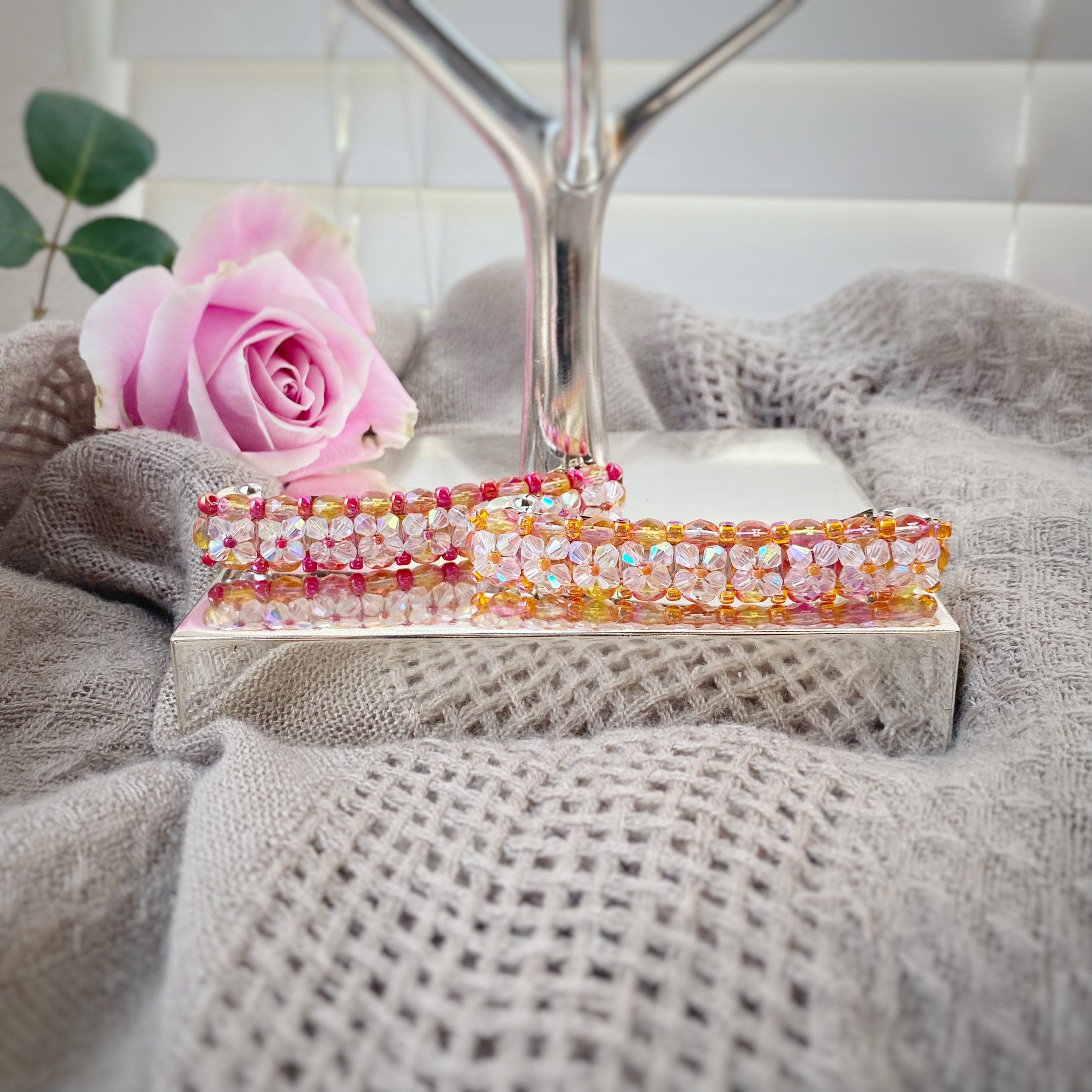 Pink Beaded French Barrette: Long Hair Clip With Czech Glass  display picture 3