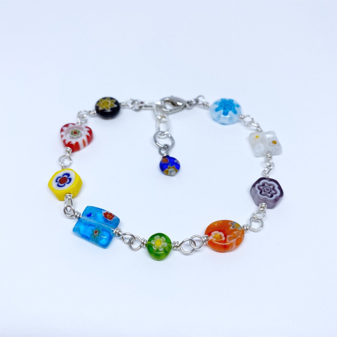 【新品】ムラーノガラス　ブレスレット ミッレフィオーリビーズ Millefiori Bracelet with Sterling Silver and Multicolor