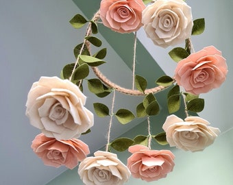 Felt flower mobile, Rose mobile, Flower mobile, Floral mobile, Blush rose mobile, Cream flower mobile