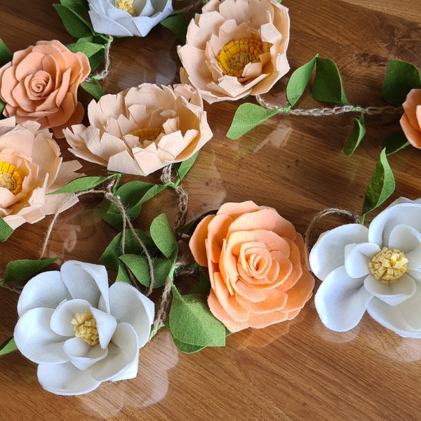 Felt flower garland, Peach floral decor, Peony garland, Rose garland, Magnolia garland, Floral decor, Flower hanging