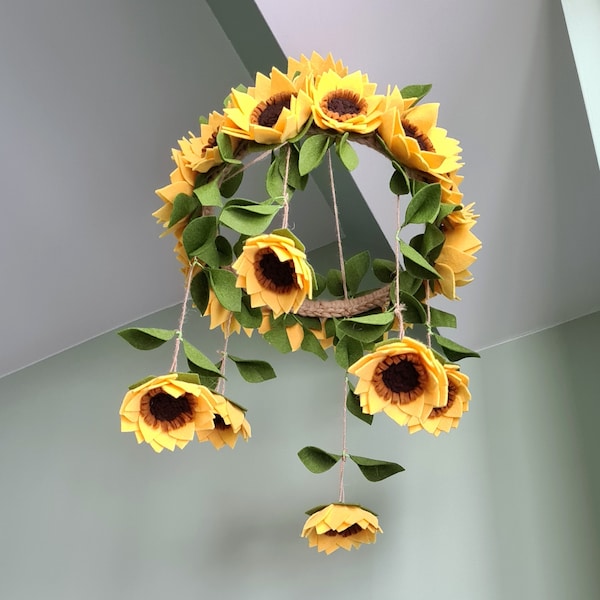 Sunflower mobile, Felt sunflower mobile, Flower mobile, Sunflower nursery, Nursery decor