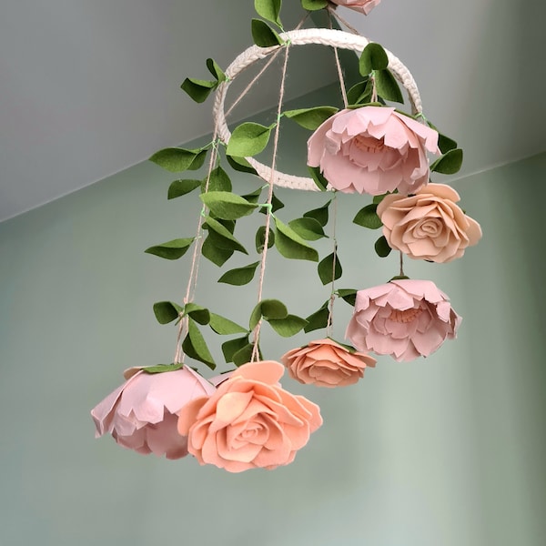 Flower mobile, Peony and rose mobile, Blush pink and peach floral mobile, Pink and peach flower mobile, Peony mobile, Rose mobile