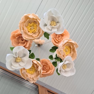 Felt peach flower mobile, Peony, rose and magnolia mobile, Peachy Floer mobile, Peach peony mobile