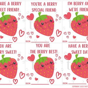 Cartes de Saint-Valentin aux fraises mignonnes imprimables | TÉLÉCHARGEMENT IMMÉDIAT | Saint-Valentin aux fraises, carte de Saint-Valentin pour enfants, école, kawaii, fruits
