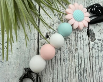 Handmade Silicone Bead Lanyard/Keychain - Pink Sunflower