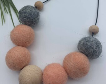 Handmade Felt/Wood Beaded Necklace - Peach/Grey