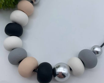 Handmade Clay Bead Necklace - Light Pink/Black/Silver