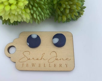 Handmade Clay Round Stud Earrings - Small Navy Spot