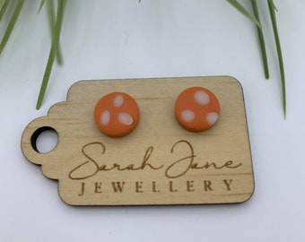 Handmade Clay Round Stud Earrings - Small Orange Spot