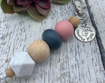 Handmade Silicone Bead Teacher Keyring/Keychain - Pink Granite