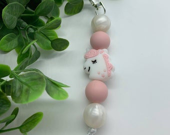 Handmade Silicone Bead Bag Tag/Keychain/Keyring - Pink Unicorn