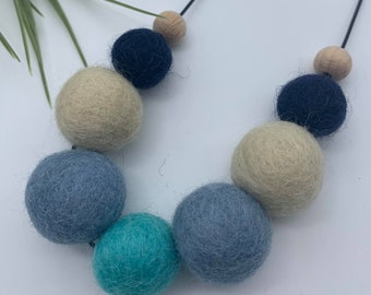 Handmade Felt/Wood Beaded Necklace - Navy/Teal/Cream