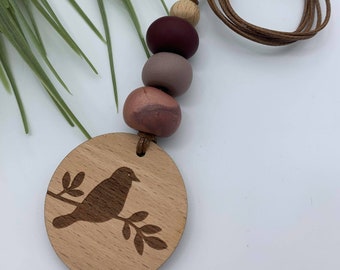 Handmade Clay Bead Bird Pendant Necklace - Burgundy/Mocha/Copper