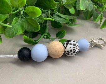 Handmade Silicone Bead Keychain/Keyring - Pastel Blue/Leopard