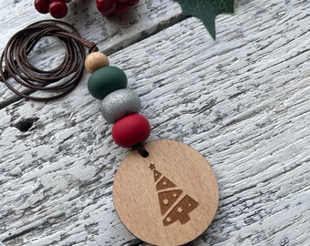 Handmade "Christmas" Clay/Wood Pendant Necklace - Silver