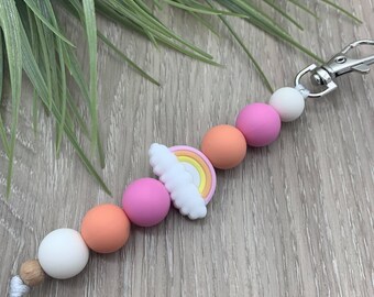 Handmade Silicone Bead School Bag Tag/Keychain/Keyring - Pink Rainbow