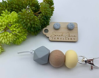 Handmade Silicone/Wood Keyring/Keychain and Clay Stud Earrings Pack - Lemon