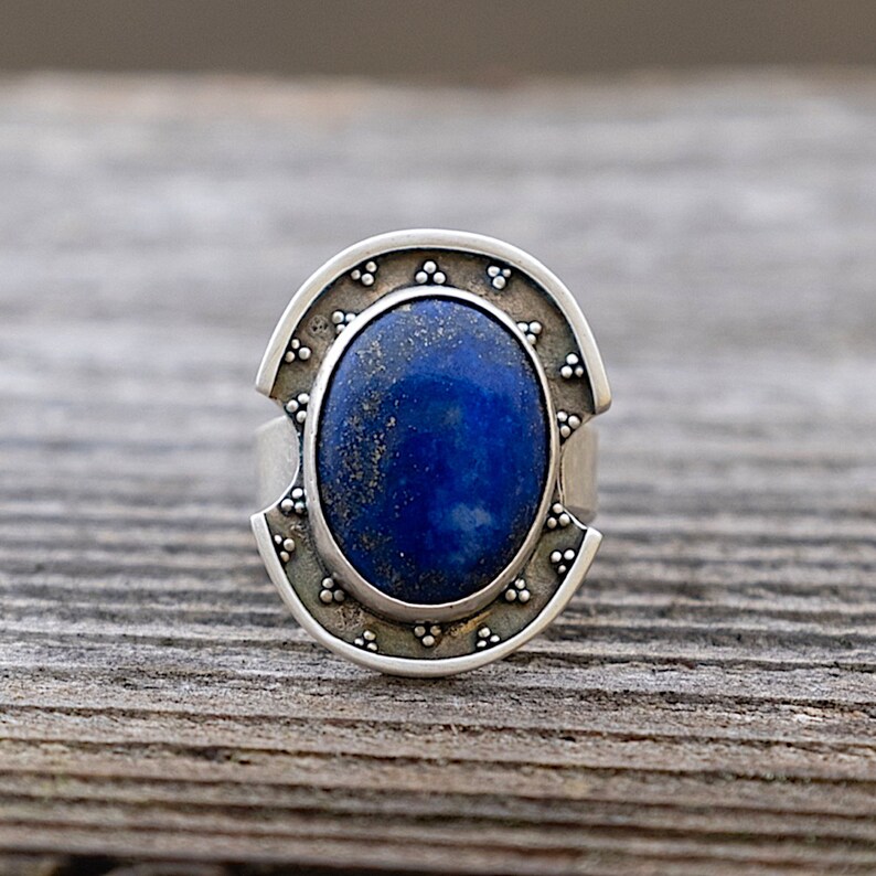 Deep blue lapis lazuli shield ring oxidized and textured silver ring with granulation