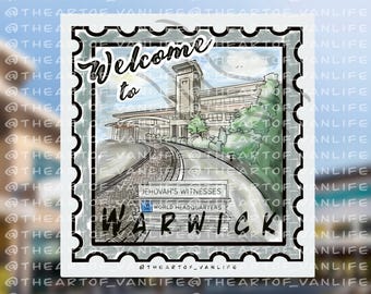 May include: A vintage-style postage stamp illustration featuring a gray building with the text "Jehovah's Witnesses World Headquarters Warwick" and the words "Welcome to" above the building.
