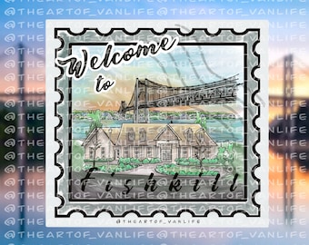 May include: A watercolor illustration of a welcome to Fishkill, New York postcard. The postcard features a bridge and a building with a green roof. The postcard is framed with a gray border and has a stamp design.
