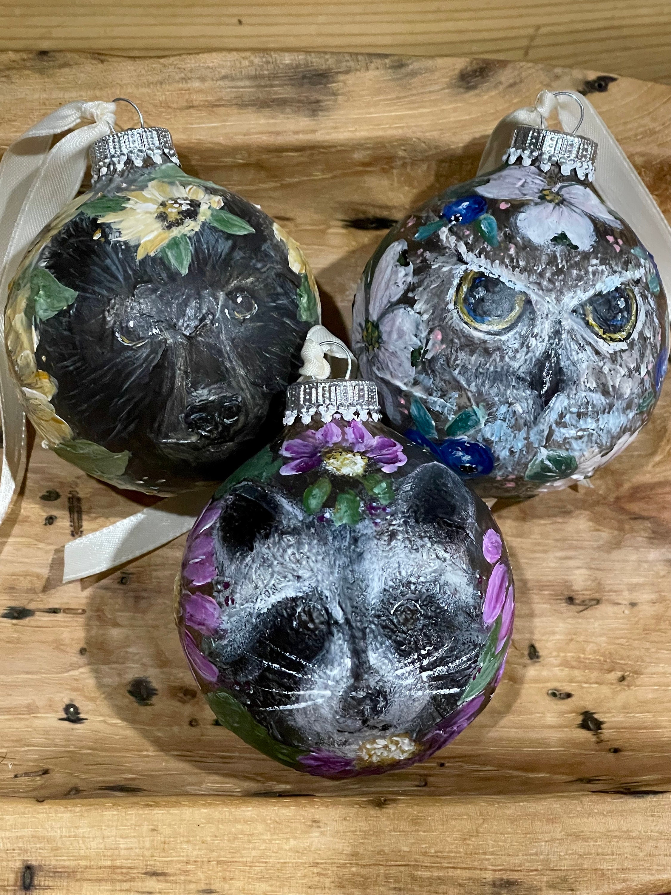 Hand Painted Woodland Animal Glass Ornament: Bear, Owl, Raccoon