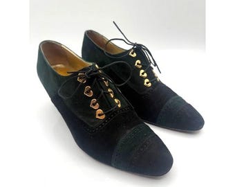 Vintage Escada Womens Hunter Green/Black Suede Heart Detail Lace Up Heels Size 8
