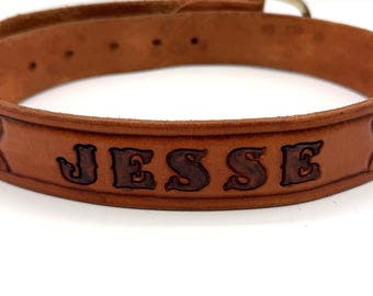 Vintage Brown Western Style Tooled Leather Name Belt JESSE Size 32