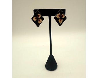 Vintage Gold Tone & Black Enamel Floral Diamond Shape Clip On Earrings