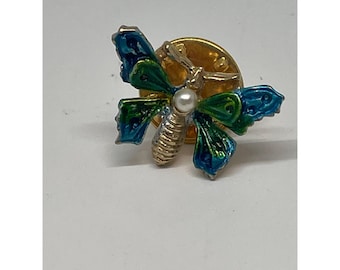 Vintage Ballou Reg'd Gold Tone Painted Faux Pearl Butterfly Lapel Pin