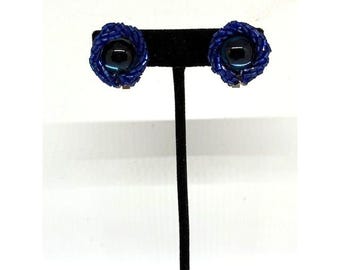 Vintage Blue Seed Bead Cluster Clip On Earrings w/ Blue Cabochon Center