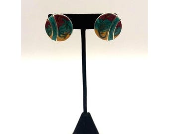 Vintage Retro 80s Gold Tone & Multicolor Enamel Round Clip On Earrings
