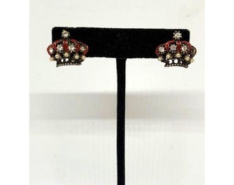 Vintage Gold Tone Rhinestone & Faux Pearl Imperial Crown Screwback Earrings
