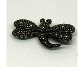 Vintage 925 Sterling Silver Marcasite Dragonfly Brooch Thailand w/ Box