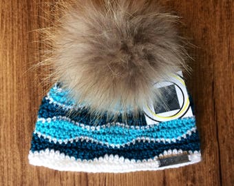 Large Pompom of fur hat/winter crochet Hat wave baby 0-12 months turquoise/white/blue woolen beanie wave big fur baby