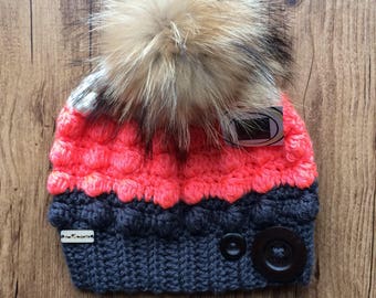 Crochet Beanie hat (Coral ivory grey) winter wool big Pompom fur buttons wood teen/adult