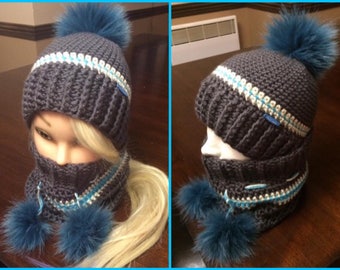 Discount! Set neck warmer gray turquoise wool crochet Pompom Hat real fur recycled winter beanie hat child