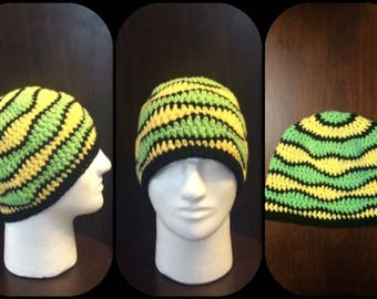 Tuque vagué vert jaune noir homme médium/large en laine fait au crochet hiver/ hat beanie mens wave green yellow black