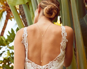 Elegante Hochzeits-Rückenhalskette mit Zirkontropfen, schlichtes Kristall-Rückenjuwel für eine böhmische Braut, romantisches und klassisches Rückenaccessoire