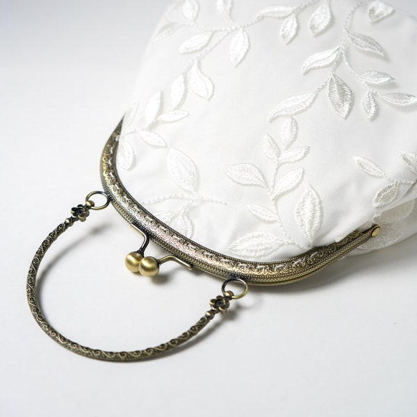 Böhmische Braut-Clutch aus floraler Spitze, Vintage-Hochzeitshandtasche, Retro-Chic-Umhängetasche, bronzefarbenes Accessoire für standesamtliche Zeremonien