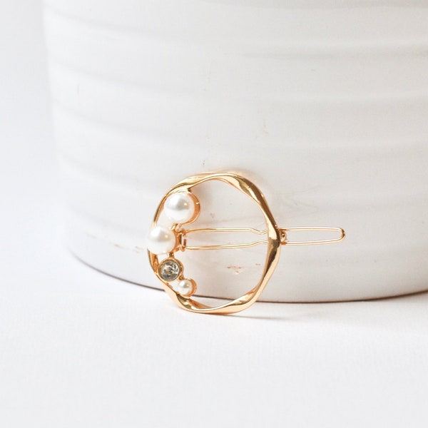 Barrette minimaliste perle, petit cercle torsadé or argent, pince, circulaire anneau doré, bohème, simple, minimaliste, géométrique mariage