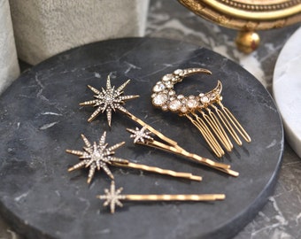 Peignes, étoiles, starburst, pinces, barrettes, couronne, tiare, diadème, celeste, mariée, or, bronze, cheveux mariage, bohème, coiffure