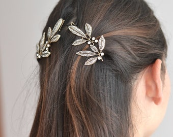 Jewel of vintage hair bronze wedding. Barrette, pliers, pin, tiara lot 2 delicate, minimalist, refined romantic fine leaves